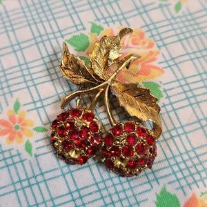 Vintage 50s red rhinestone cherry pin!